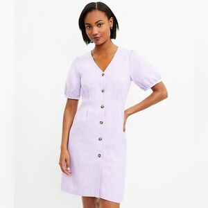 LOFT Lilac V Button Up Puff Sleeve Dress